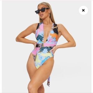 PrettyLittleThing Multi Baroque Multiway Swimsuit Sz 4